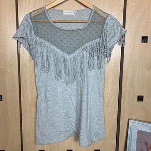 JOHNNY WAS polka dot mesh fringe tee shirt